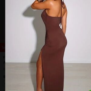 Large off shoulder flirty brown dress